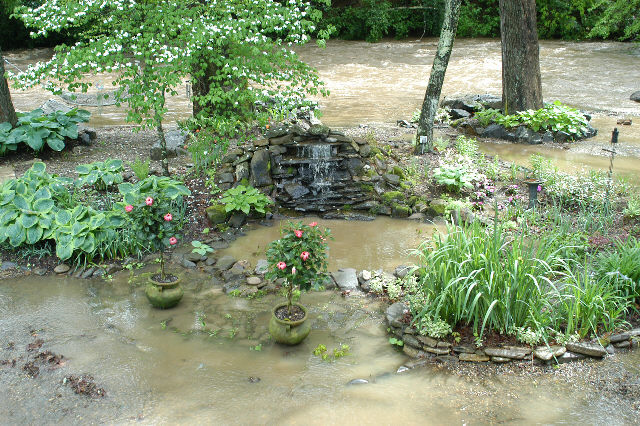 our pond today...water flowed even higher over top, hope all the fish are still there...